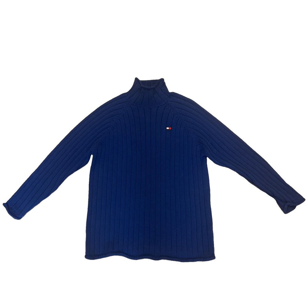 Tommy Hilfiger Blue Ribbed Turtleneck Sweater Cotton Knit M vtg y2k fall pullove
